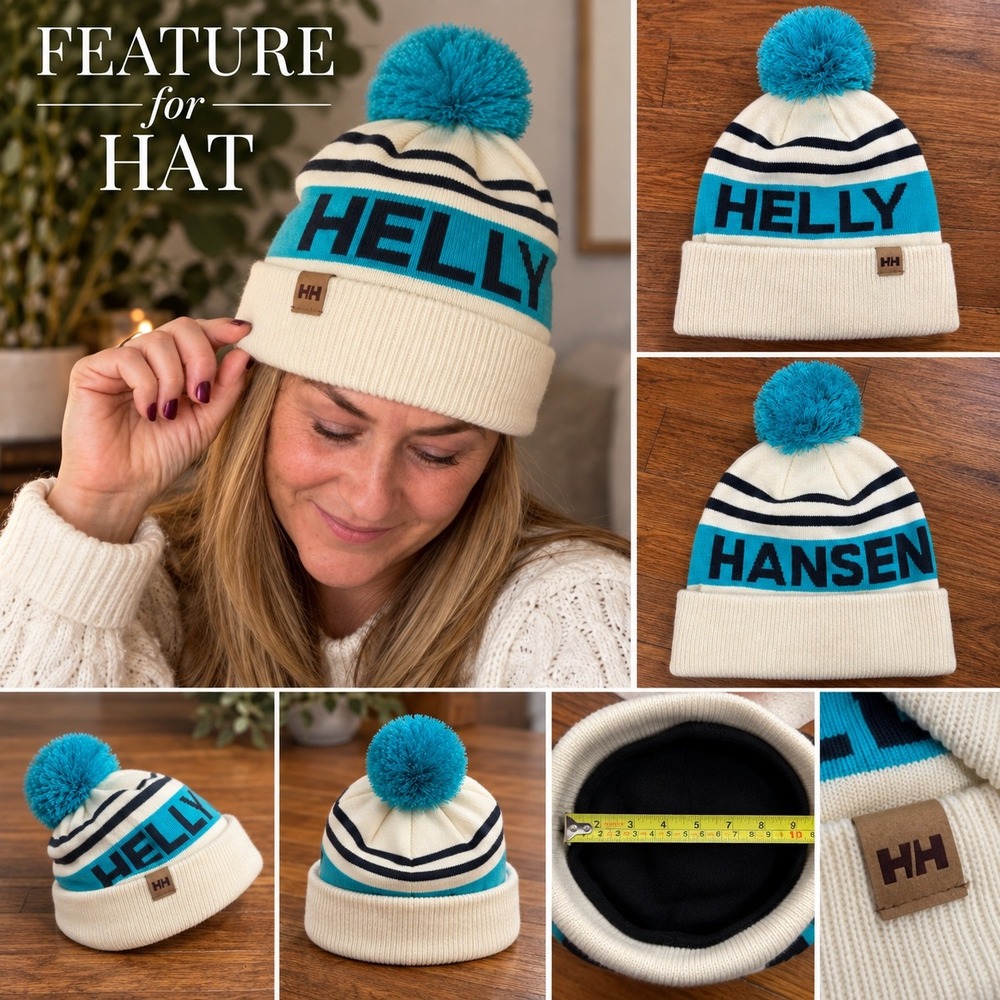 Helly Hansen Beanie Hat White Blue Stripe Pom Pom Cuffed Knit Logo 67150 STD